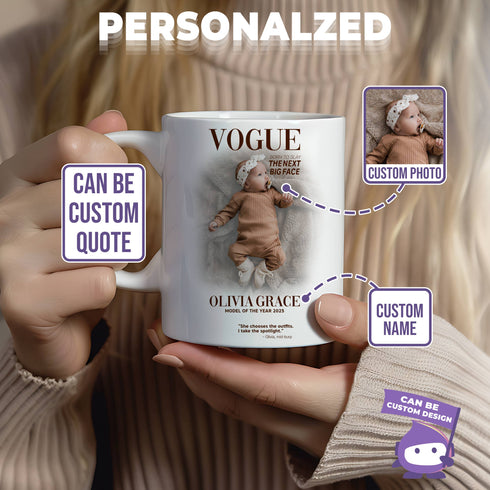Custom VOGUE Style Mug for Mom & Baby – Personalized Photo, Name & Quote Gift